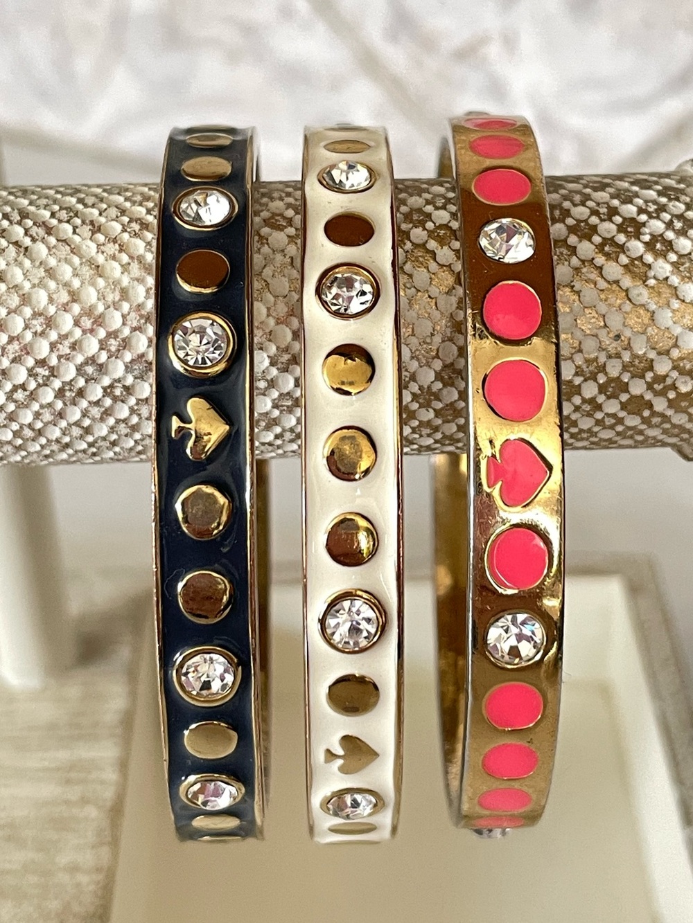 Kate Spade ♠️ 3 “Spot the Spade” Gold Enamel Crystal Accent Bangle Bracelets
